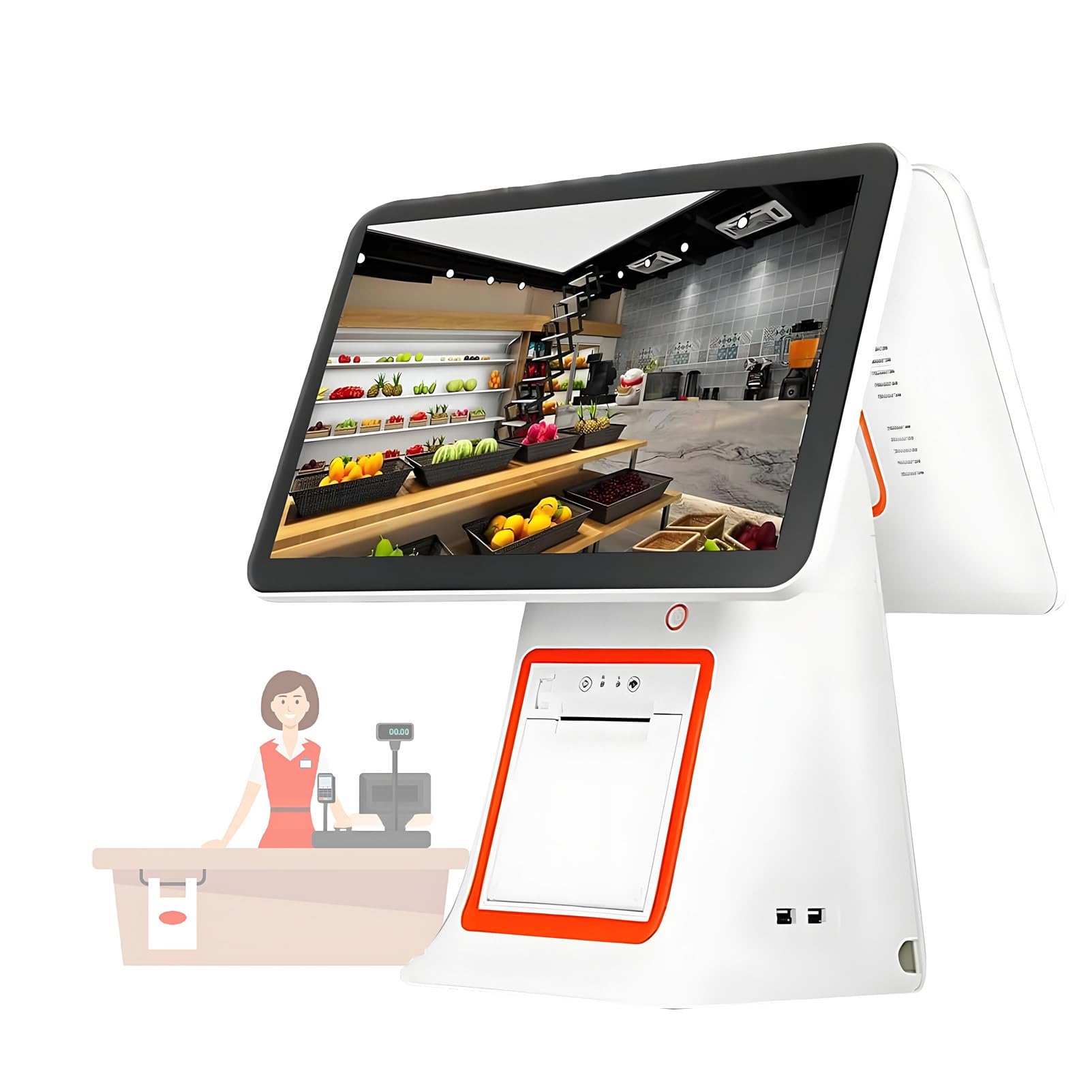 Sistema- TPV Profesional Todo en uno para pequeñas Empresas, Caja registradora con Pantalla táctil de 15,6" e Impresora de Recibos integrada, Pantalla para Clientes. White