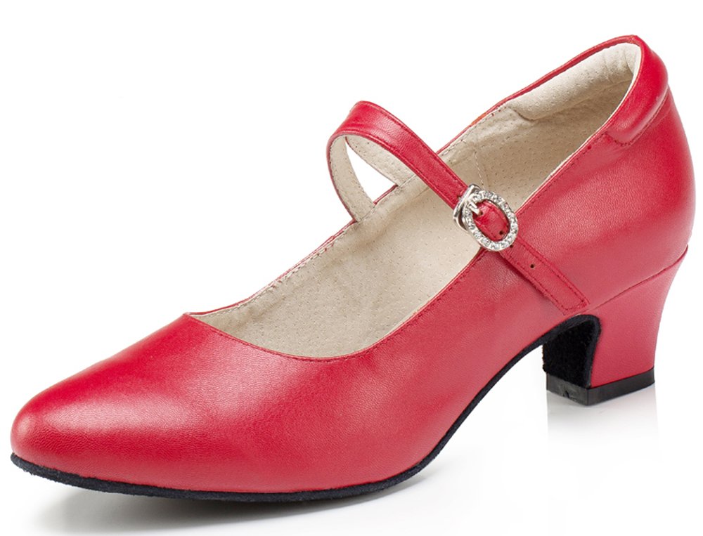 Honeystore Women's Synthetic Leather Metal Buckle Mary Jean Dance Shoes Closed-Toe Red 8.5 B(M) US