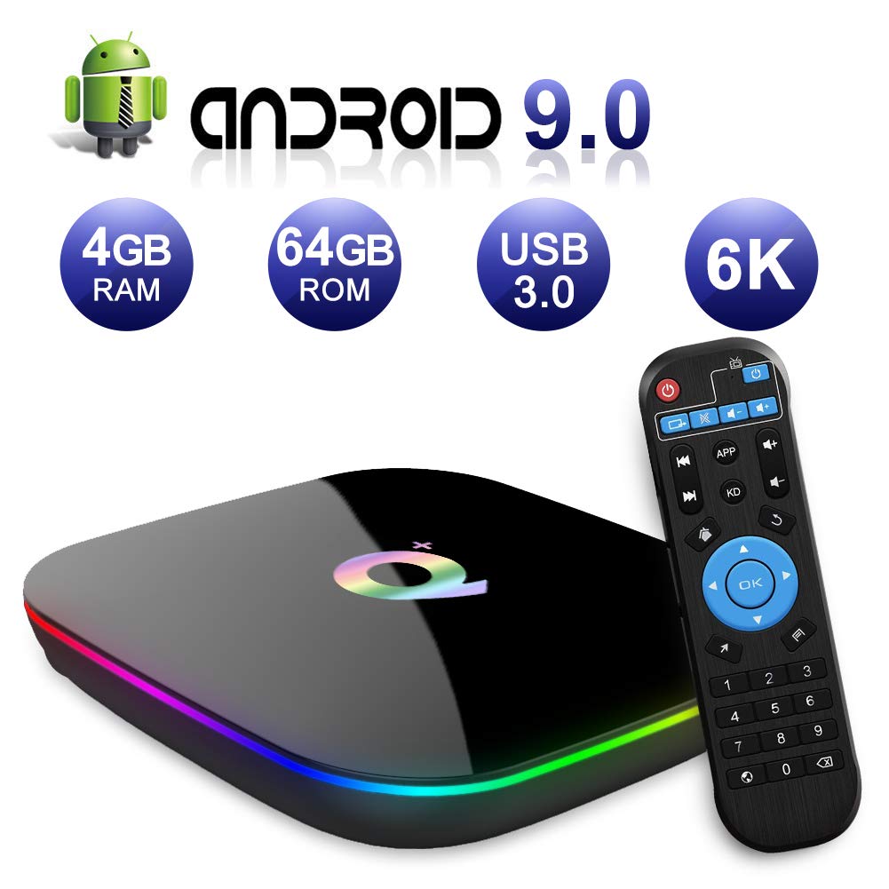 Android 9.0 TV Box 4GB RAM 64GB ROM, Q Plus H6 Quad-core WiFi 2.4GHz Support 6K H.265 HDMI 2.0 Ethernet