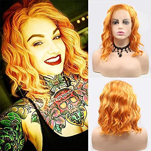 Perruque synthétique orange dentelle frontale cheveux courts bouclés
