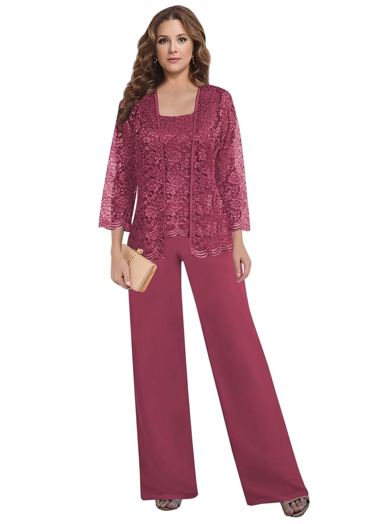 3 Pieces Mother of The Bride Groom Pant Suits - Women Dressy Chiffon Lace 3 4 Sleeve Wedding