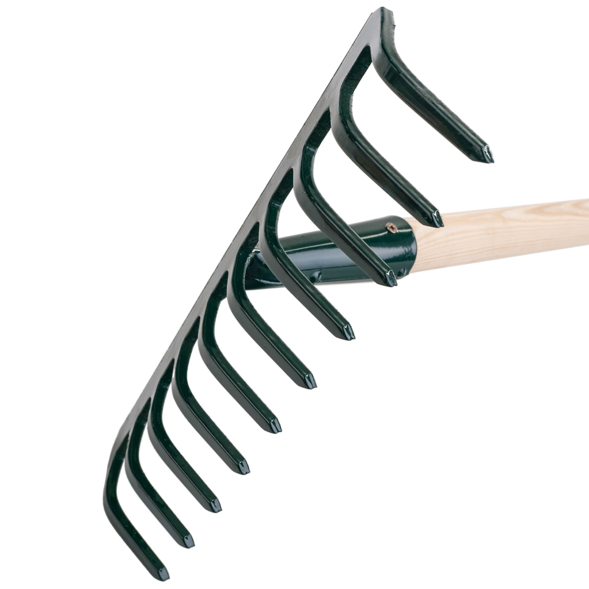 KADAX Rastrillo de metal, rastrillo plano con mango de madera, escoba para jardín, bancal, rastrillo de hojas, rastrillo de césped, verde, herramienta de jardín, rastrillo de heno, herramienta de
