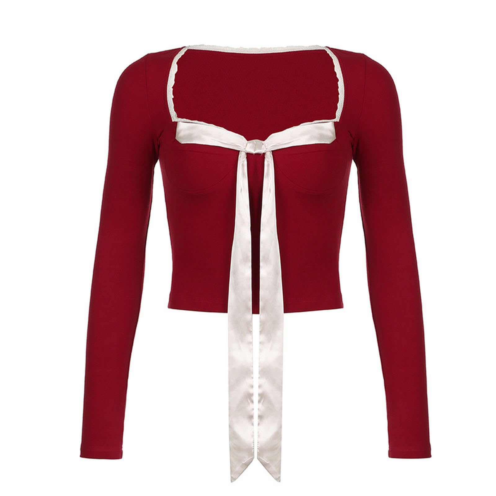 T-Shirt Manches Longues Rouge à Col Carré pour Femme Taille M