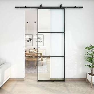 JUBEST 36in x 96in Glass Sliding Barn Door, 3-Panel Black Aluminum Frame and Clear Tempered Glass Modern French Door, Easy to Install (No Sliding Hardware Kit)