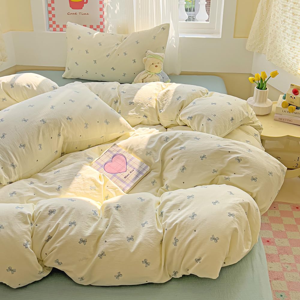 Covebett Bettwäsche 135x200 Beige mit Blau Schleifen Mädchen Bettbezug Set Blau Herzen Schleifenmuster Kawaii Gewaschene Microfaser Einzelbett Deckenbezug Reißverschluss und Kissenbezug 80x80cm