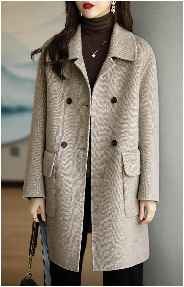 BININBOX Women's Casual Thicken Double Breasted Pea Coat Mid Long Wool Coats with Pockets Women Mid Peacoat