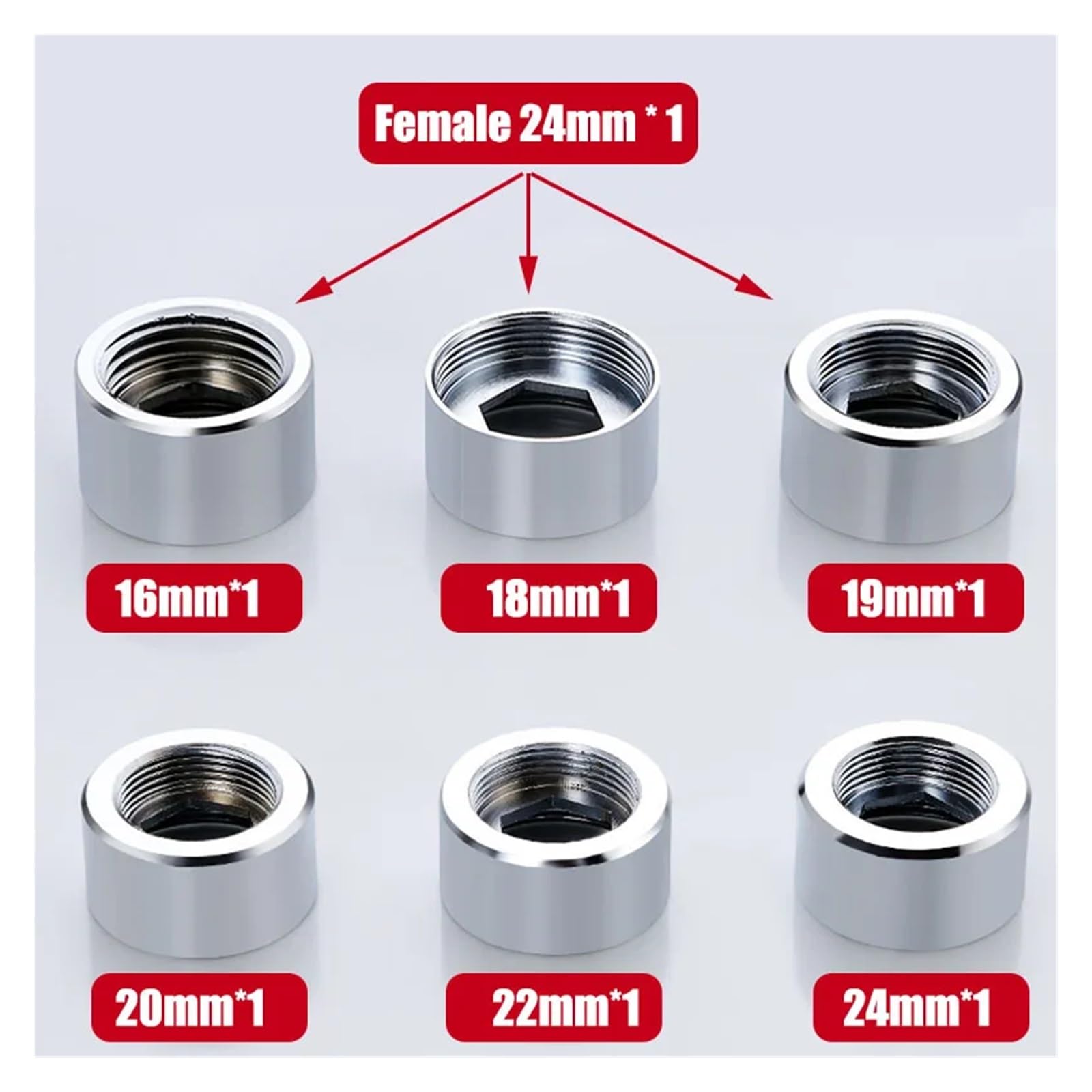 VNJUGF F24 Trasferimento a 16 18 19 20 22 24 1/2'' Femmina x Femmina Adattatore for rubinetto a vite Aeratore for cucina e bagno Connettore a nastro in ottone wanglan(F24 X 1I2 INCH)