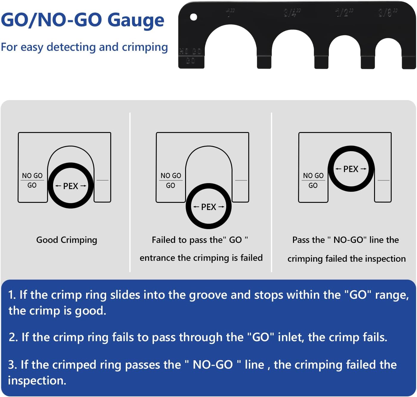PEX Crimping Tool Set Interchangeable Jaw with 4 Sizes - 1", 1/2", 3/4", 3/8" for Copper Crimp Rings, Includes Go/No-Go Gauge, Complies with ASTM F1807 Standard