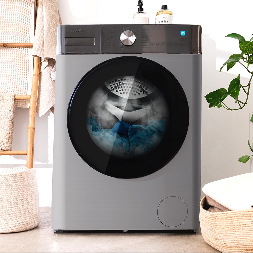 Washing machine with an overlay graphic illustrating water optimization by Fuzzy Logic technology