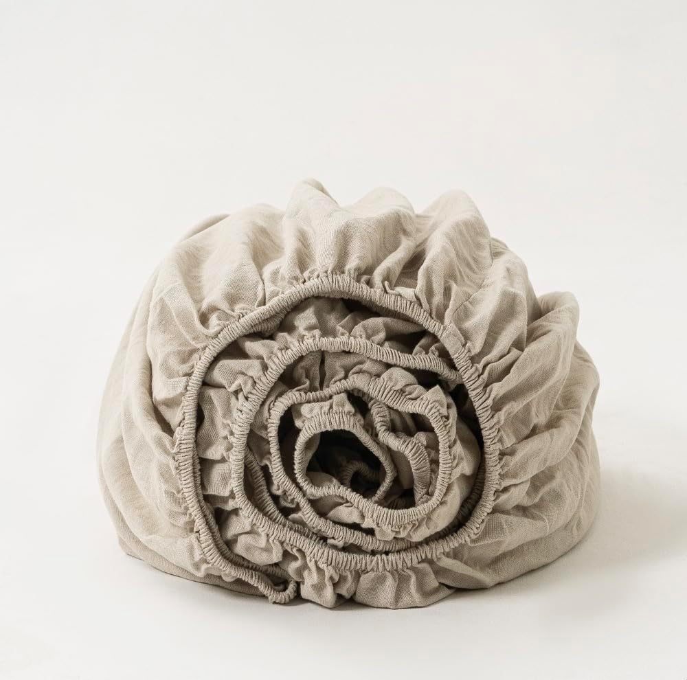 TUMEI Linen Fitted Sheet King(1 Piece) - Deep Pocket Mattress Cover Natural Flax Cotton Blended Basic Style Solid Color Soft Breathable Farmhouse Bedding - Linen, King Size - Image 6