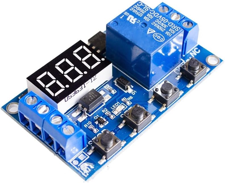 Top-down view of the XY-J02 module, clearly showing the LED display and the three control buttons (SET, UP, DOWN/STOP).