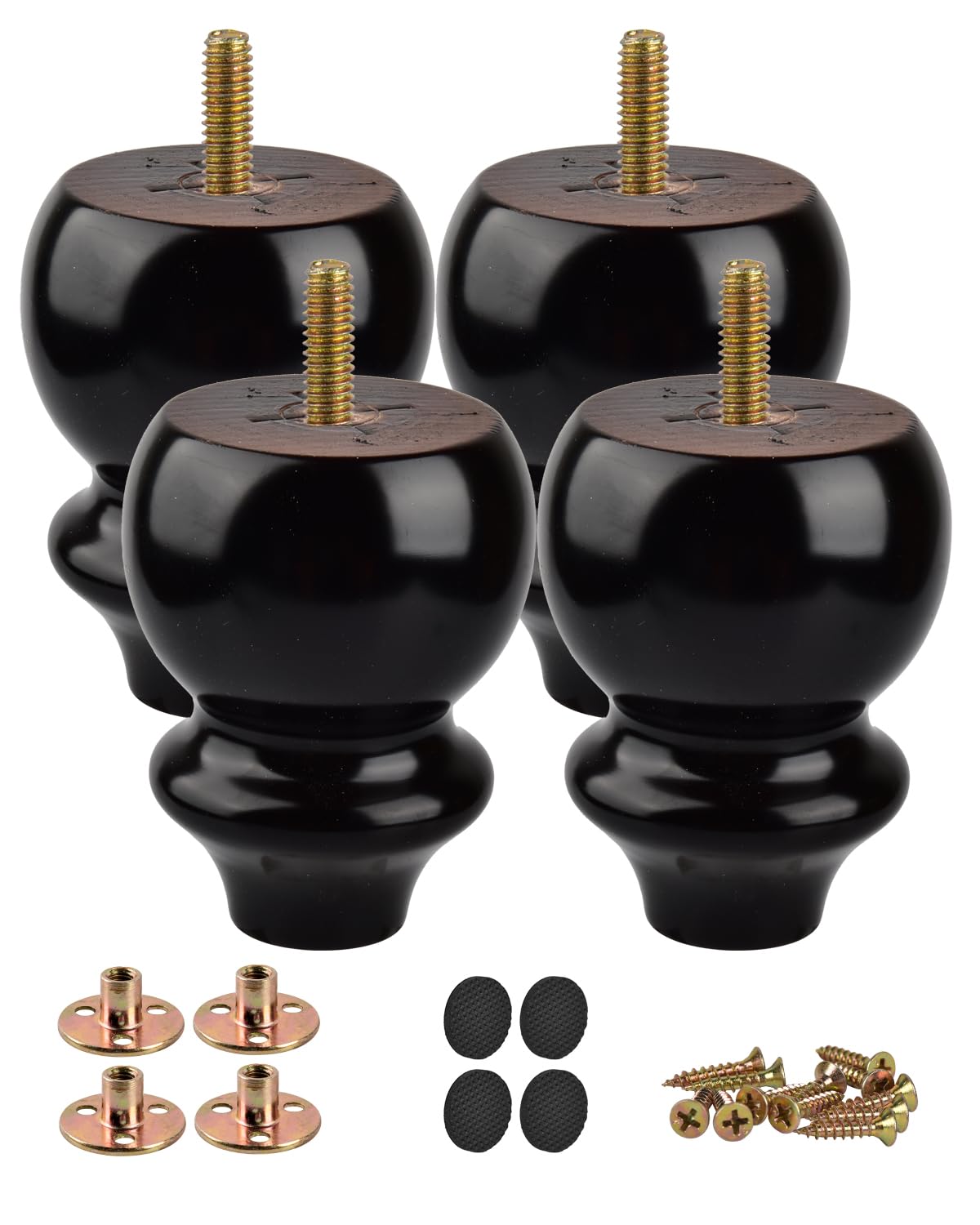 Btowin 4.8 Inch / 12cm Solid Wood Furniture Legs, 4Pcs Black Round Gourd Wooden Bun Feet with Threaded M8 Hanger Bolts & Mounting Plate & Screws for Sofa Couch Cabinet Chair Ottoman โ image 1