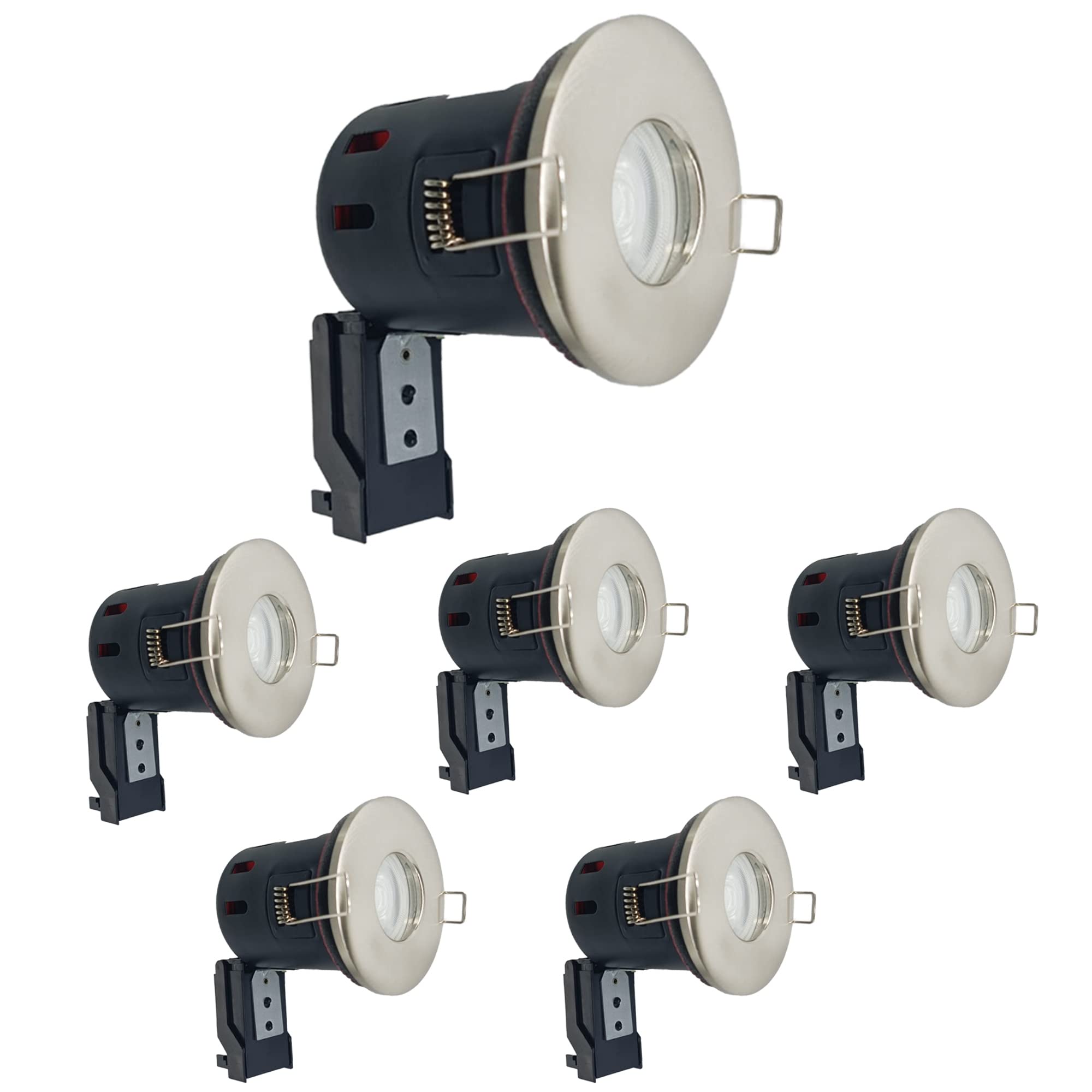 Brightex, Pack of 5 Downlights Fire Rated 90 Minute IP65 Brushed Chroom Indoor & Outdoor Bathroom, Kitchen Recessed Ceiling Light Spotlight 240V Halogen or LED 6W GU10 (Bulb Not Included)
