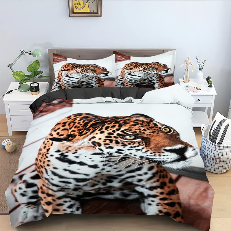 Housse Couette 160x200 Léopard Blanc Microfibre Parure de Lit Enfant Fille Garçon
