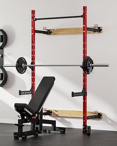 Miniatura 7 de 2" x 2" Folding Wall Mounted Squat Rack, 1100 Pounds Capacity Power Rack with Pull Up Bar, J Hooks and Other Attachments, Space-Saving Home Gym