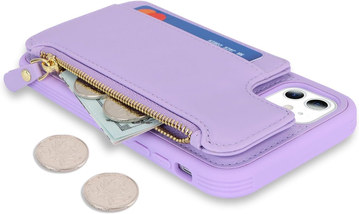 Cavor for iPhone 12 Case with Card Holder,for iPhone 12 Pro Wallet Case for Women Men,Leather Magnetic Clasp Zipper Pocket Protective Phone Cover-Purple - Image 5