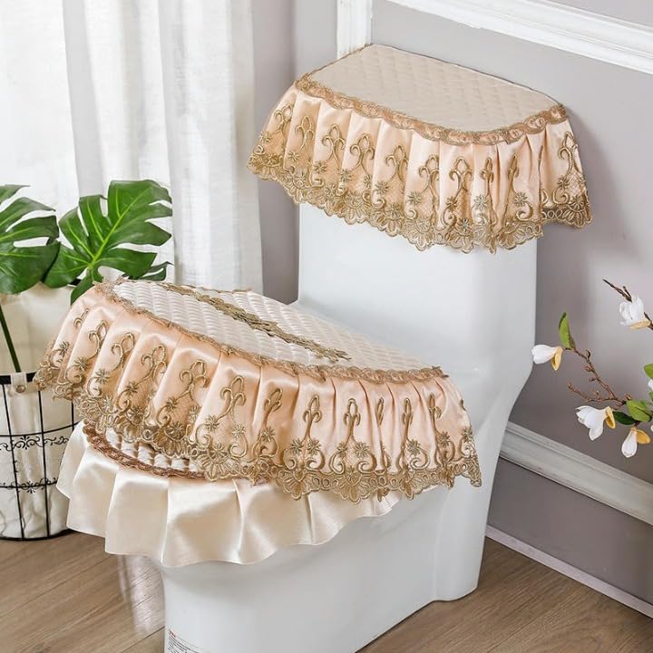 Housse de siège de toilette broderie florale champagne avec couvre-réservoir