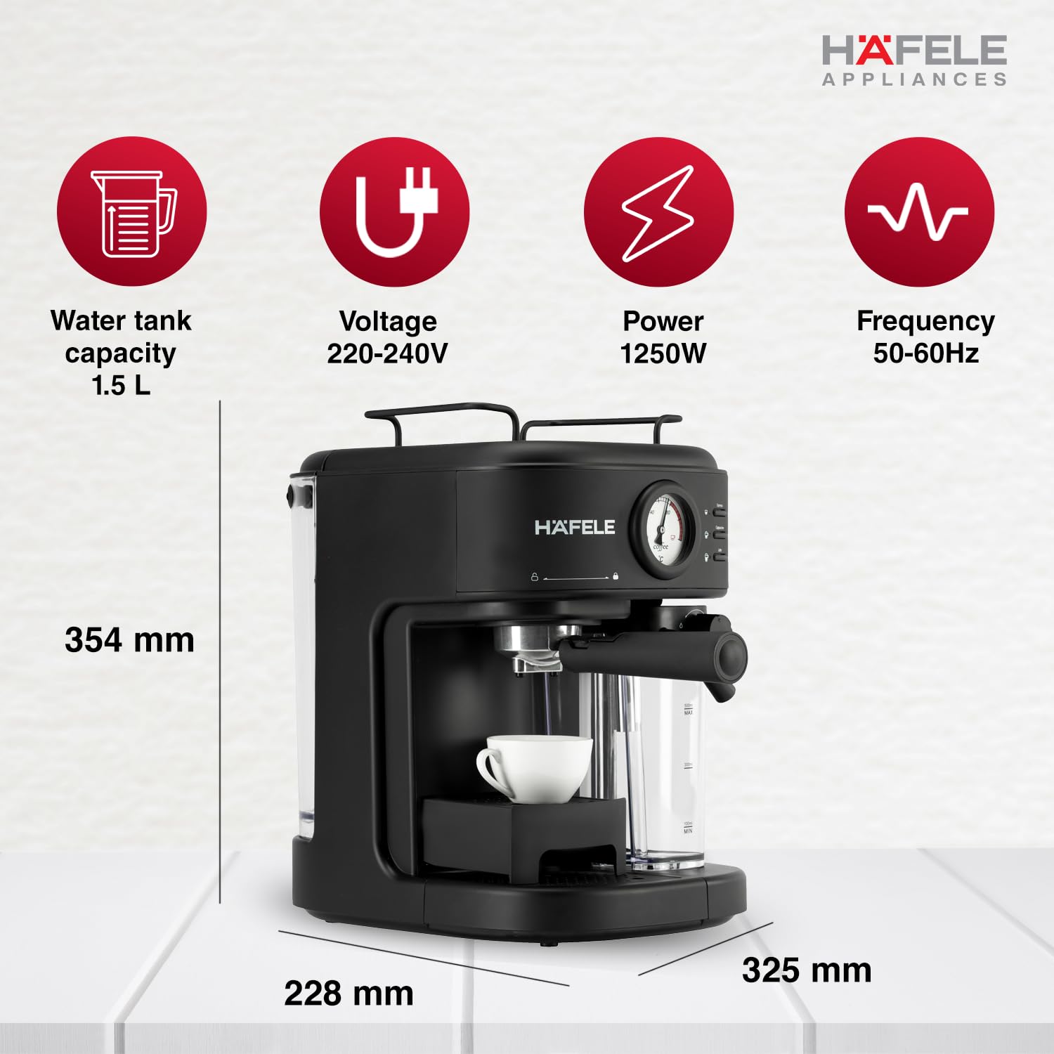 Hafele U-Kaffee Plus Coffee Machine, 15-Bar Pump Pressure, Single/Double Espresso, Cappuccino & Latte,Removable Milk Tank (500 ml), Thermoblock Technology, 1250W 2