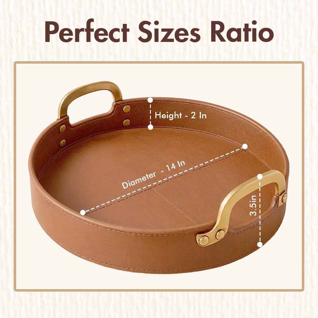 Stitched Round Leather Tray with Brass Handle Ideal for Serving Coffee Drinks Ottoman Tray for Office Home Kitchen Snack Counter Centerpiece Storage (Light Brown (14" x 14")) - Image 5