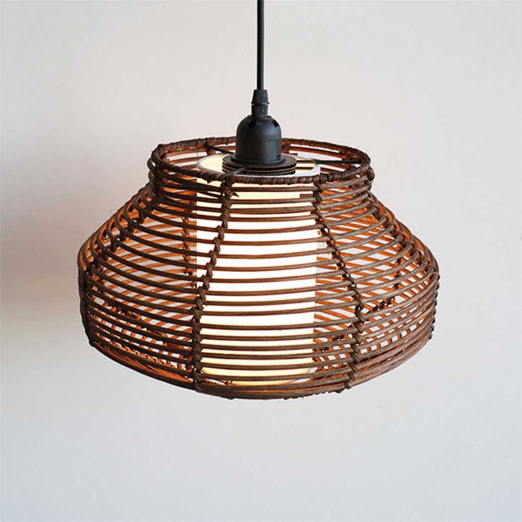 Cssykv Multicolor Modern Farmhouse Rattan Chandelier Brown Rattan Cage Lamp Shade Mid-Century Vintage Light Fixtures Rustic Rattan Lantern Adjustable Height For Living Room, Bedroom, Office (E26 Bulb)