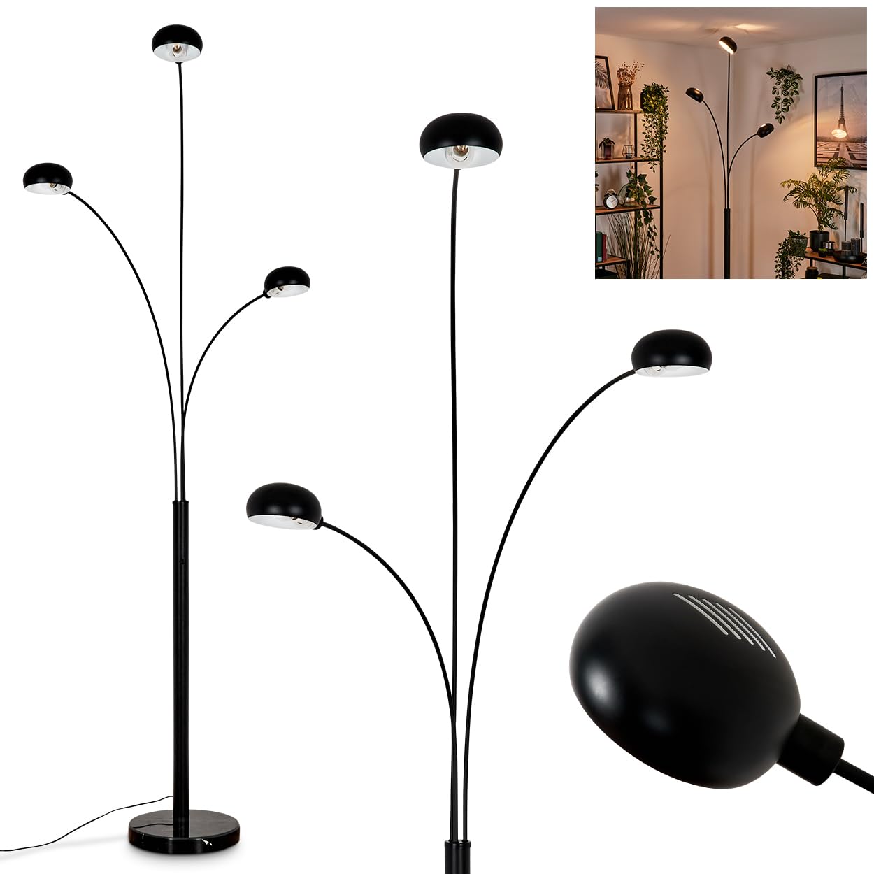 Stehleuchte Nikkala, Stehlampe aus Metall/Glas in Schwarz/Weiß, Leuchte im modernen Design, verstellbare Schirme, An-/Ausschalter am Gehäuse, Höhe 240 cm, 3 x E14, ohne Leuchtmitte