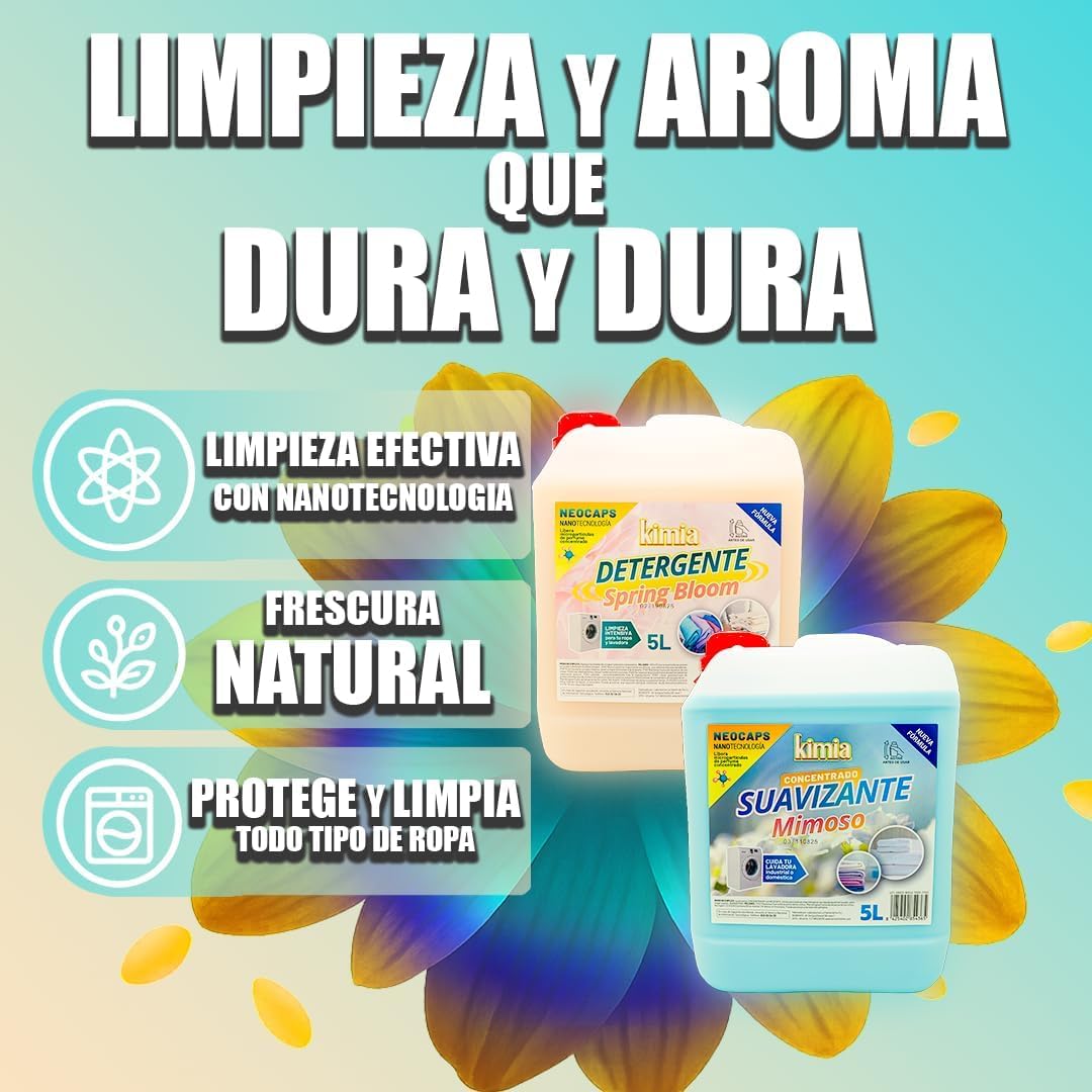 KIMIA - Pack Full Ropa Limpia | Detergente 5 L Spring Bloom + Detergente 5 L Summer Dreams + Suavizante Mimoso + Suavizante 5 L Milkshake | Limpieza y Suavidad Profunda | Protege Color de la Ropa