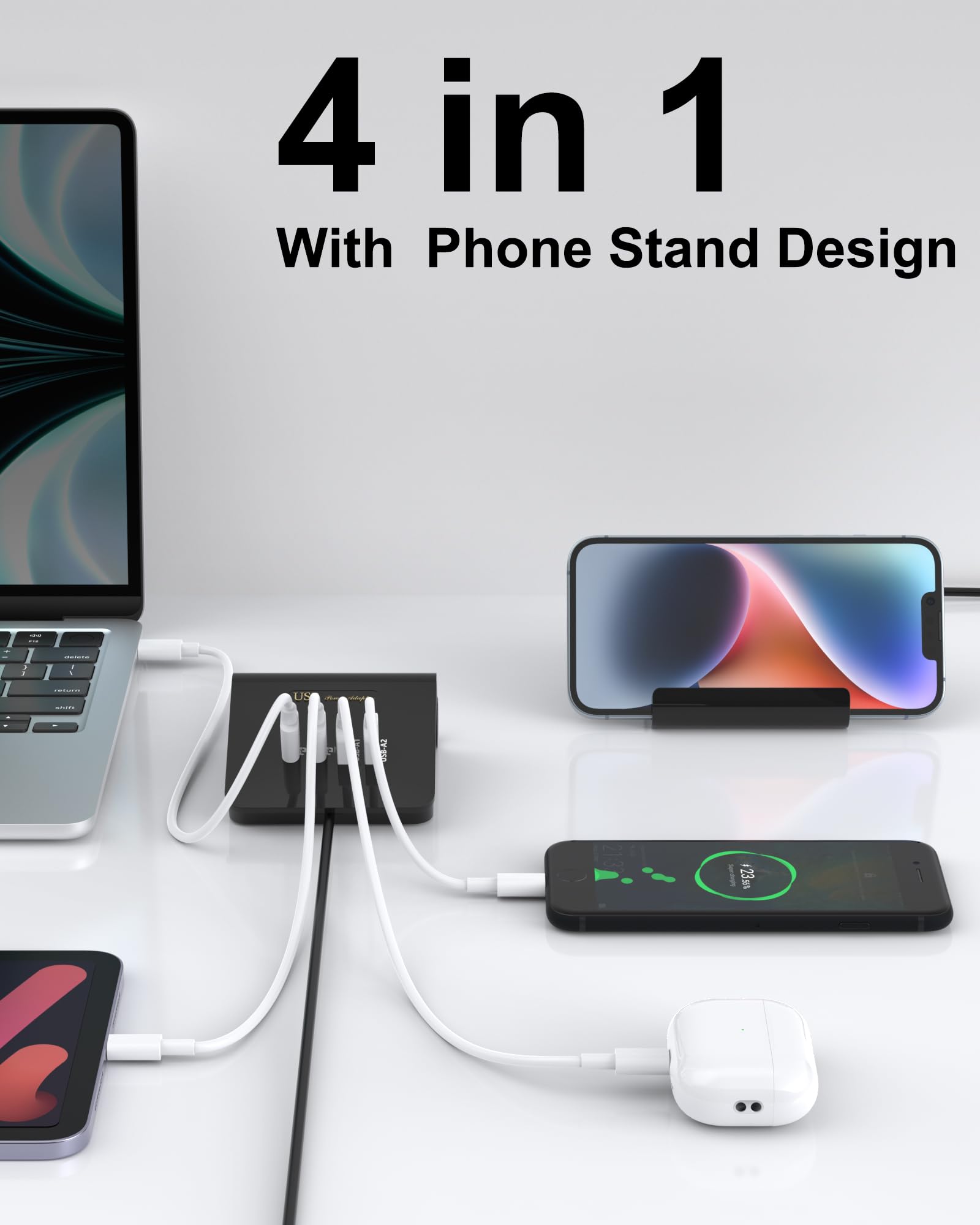 WUKUR USB Charging Station 45W 4 Ports USB and USB C Charger Station for Multiple Devices Laptop MacBook Tablet iPhone 14/14 Pro/ 14 Pro max etc