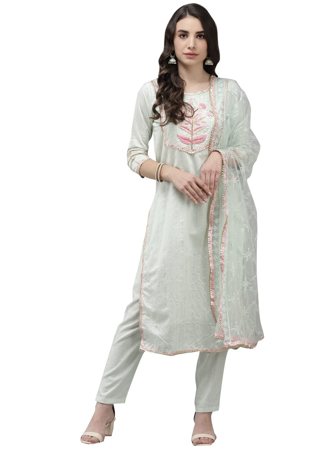 Ishin Women's Chanderi Silk Green Embroidered A-Line Kurta Suit Set With Dupatta & Pants Kpldpnk-19112_S_Green