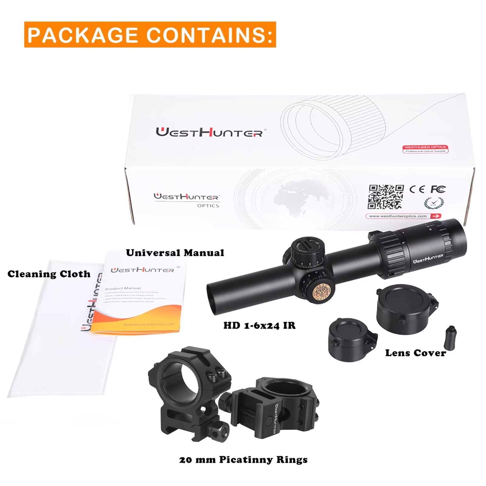 WestHunter Optics HD 1-6x24 IR Precisión Miras Telescópicas, Exclusivo para Competiciones Deportivas de Corta Distancia | Reticle-B, Picatinny Kit C
