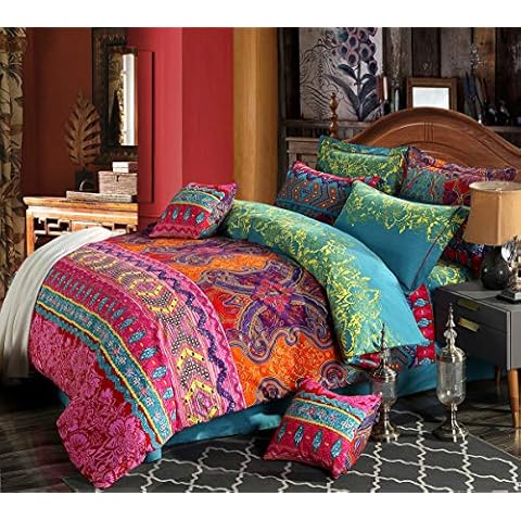 HNNSI 4 Pieces Bohemia Ethnic Bedding Sets,Brushed Cotton Boho Duvet Cover Set Super Comfy Comforter Cover Sets,No Comforter (Flat Sheets Set, California King) Cover