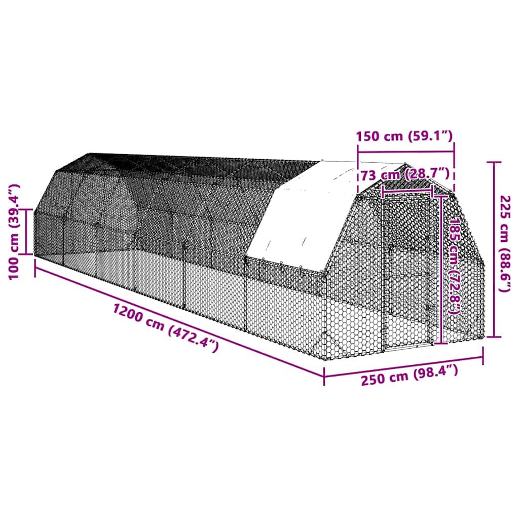 Kurnik z dachem z ocynkowanej stali, 2,5 x 12 x 2,25 m, duży wybieg z wodoodpornym dachem, zamykane drzwi, ochrona przed drapieżnikami, wszechstronny, dla kur, kaczek, gęsi i wielu innych