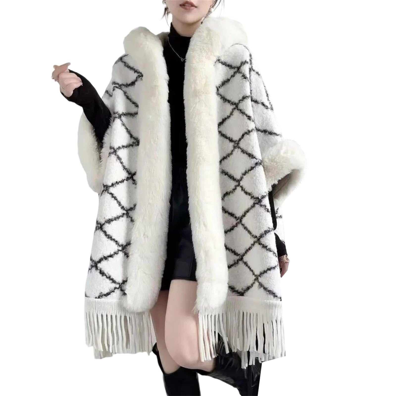 Poncho da donna con colletto grande, a righe, lungo, gotico, mantello largo con nappe