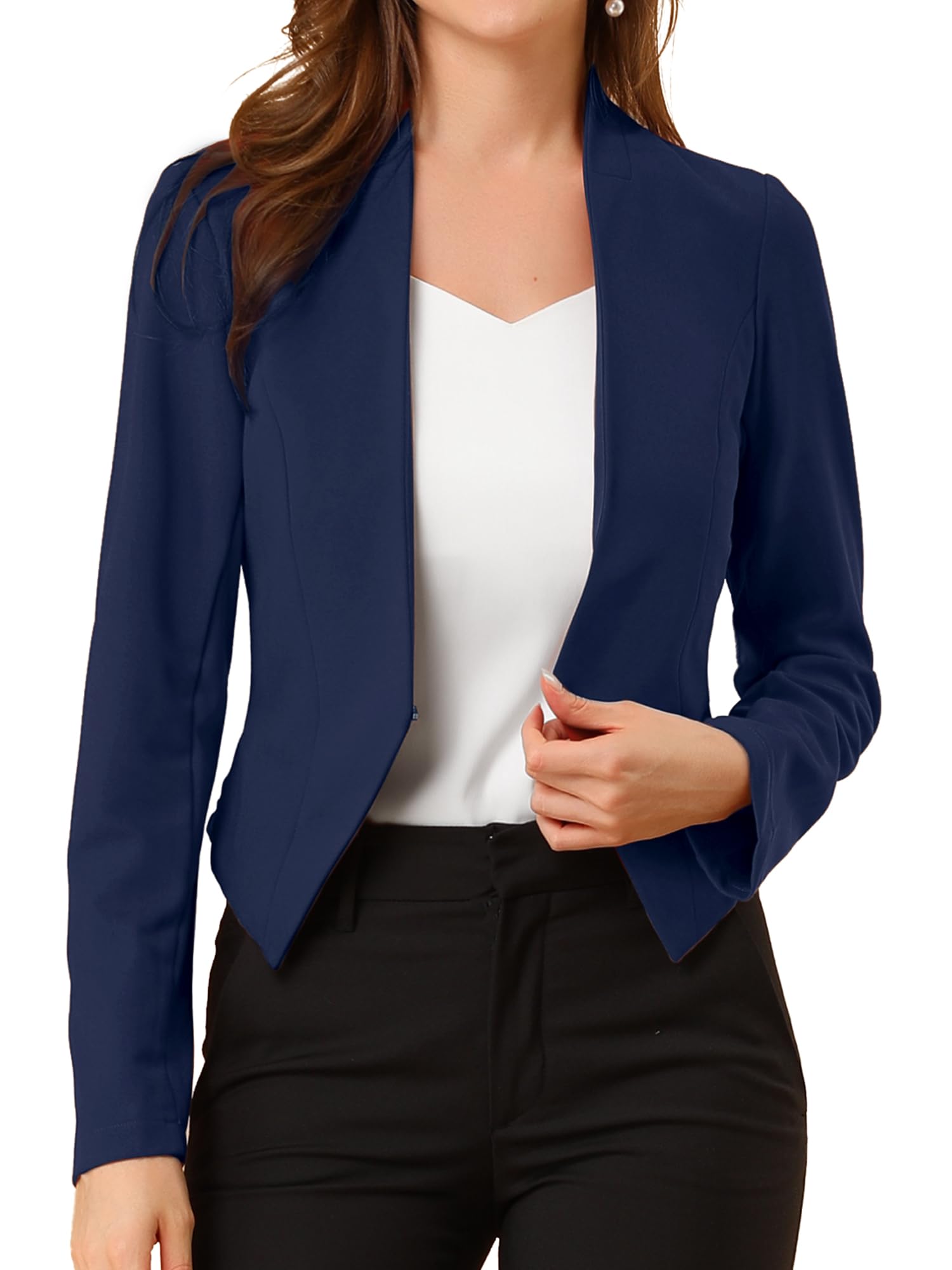 Allegra K Women's Collarless Cropped Blazer Navy XS Long Sleeve Asymmetric Hem