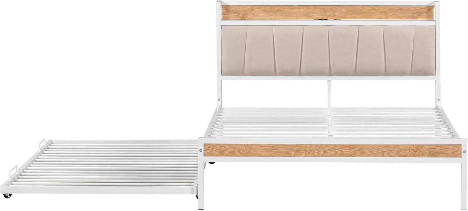 Full Bed Frame with Trundle and Outlet & USB Ports Metal Platform Bed with Upholstered headboard, Full Size Metal Panel Bed with Shelf, Noise-Free, No Box Spring Needed, White with Beige