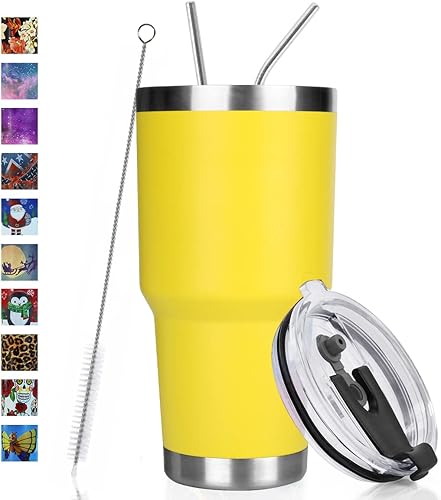 Miniatura 8 de SYACOT Vaso de 30 onzas de acero inoxidable de doble pared aislado al vacío taza de viaje con tapa a prueba de salpicaduras, popote de metal y