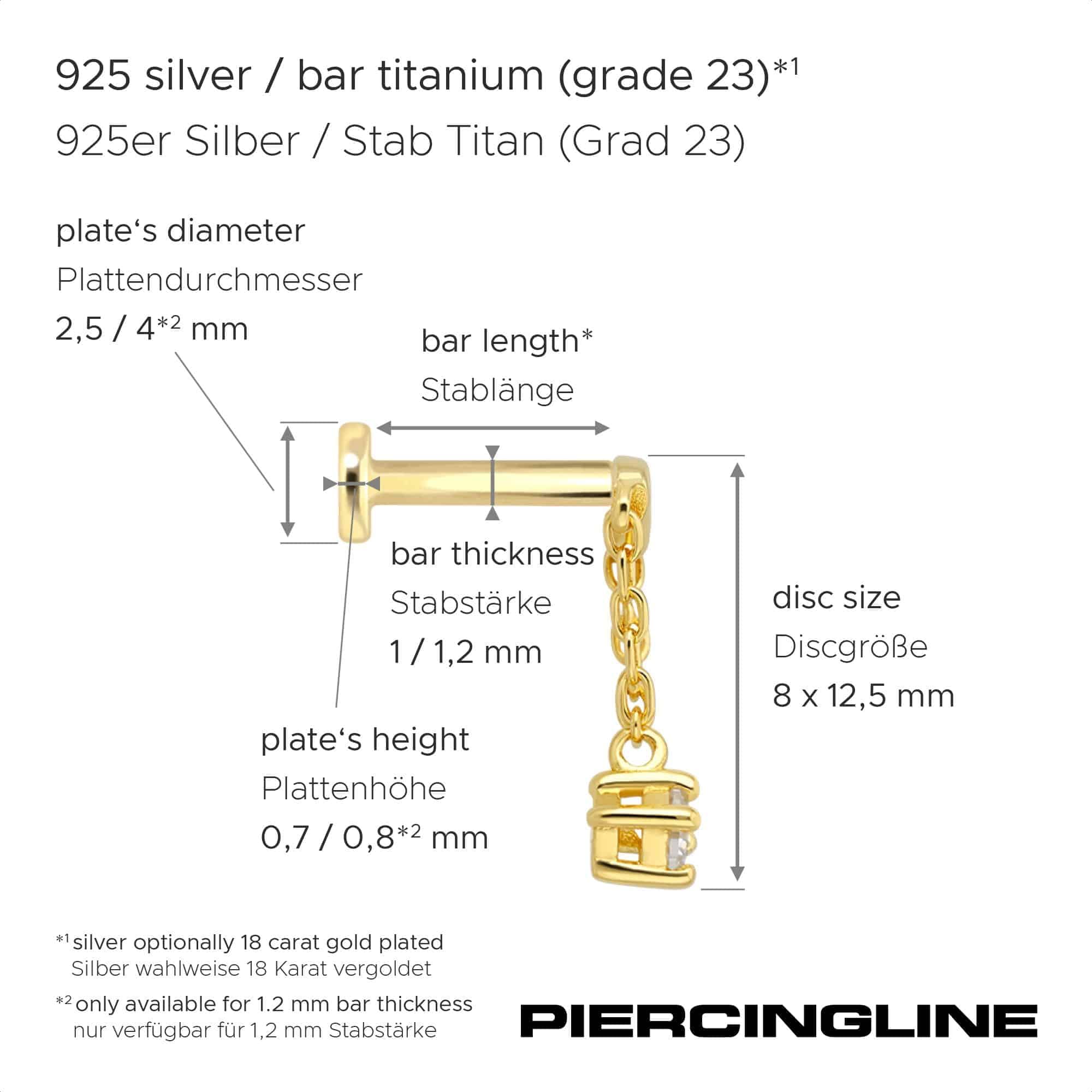 PIERCINGLINE Piercing Stecker Titan Labret mit Innengewinde + 925er Silber Aufsatz MOISSANIT + BOGEN + KETTE - Goldfarben, Silberfarben