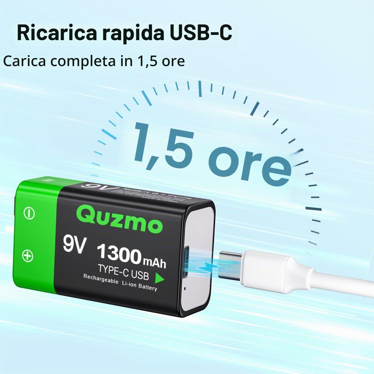 Batterie al litio ricaricabili USB 9 V, 1300 mAh, ricaricabili ad alta capacità da 9 V, con cavo di ricarica rapida USB-C 2 in 1, metal detector, multimetro (confezione da 4)