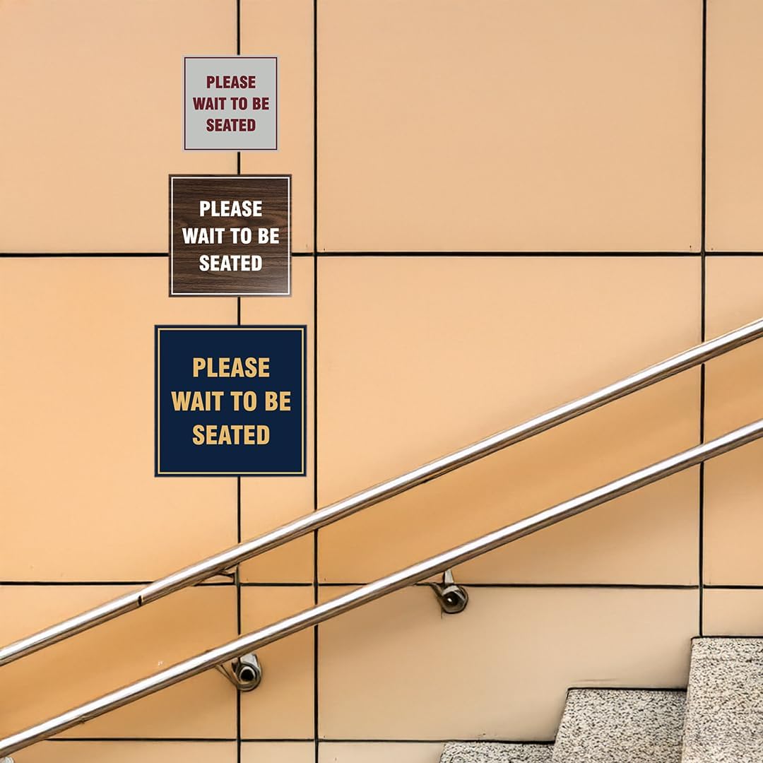 Square Please Wait to Be Seated Sign with Adhesive Tape, Mounts On Any Surface, Weather Resistant, Indoor/Outdoor Use (Navy Blue/Gold) - Large (2 Pack)