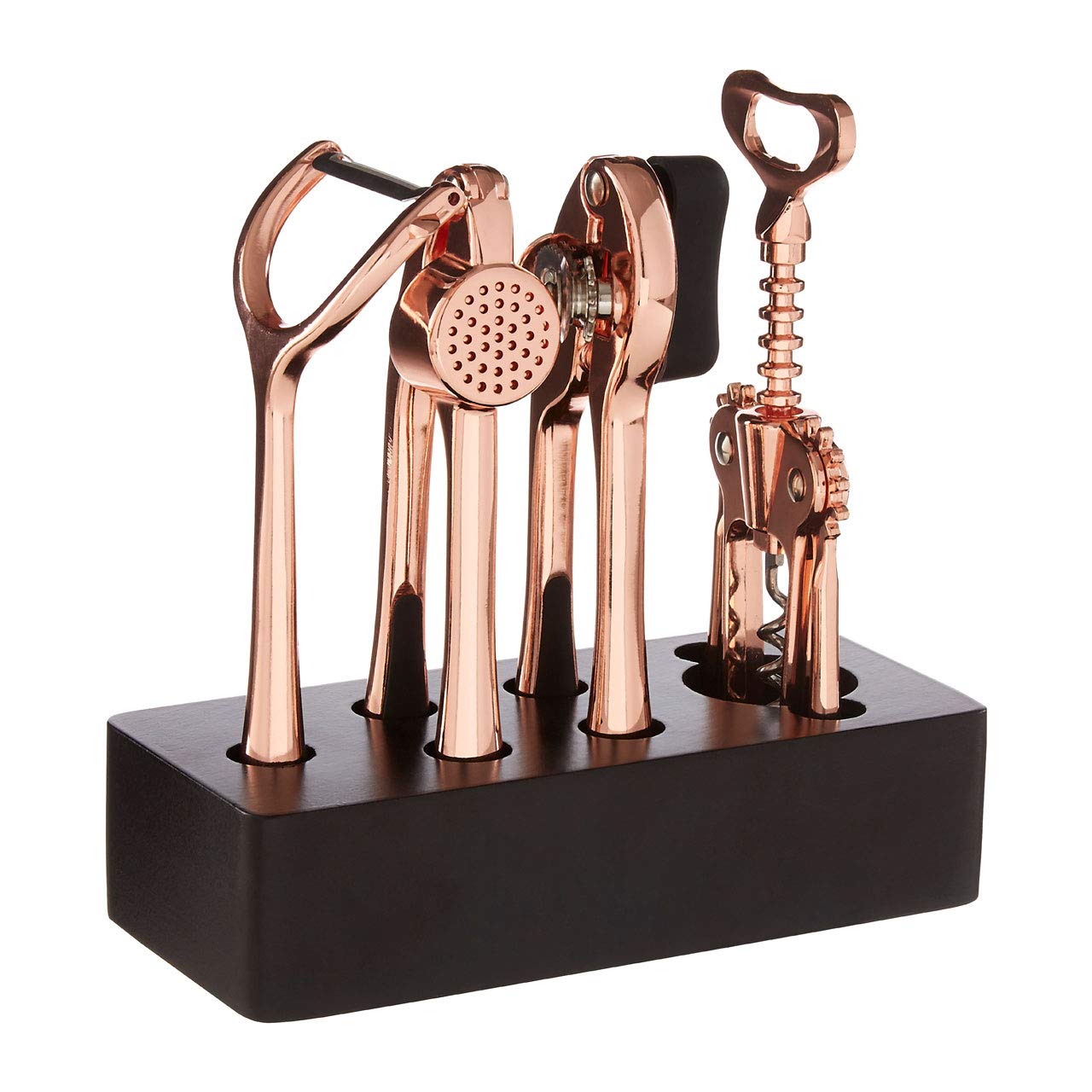 Orsina 5Pc Rose Gold Kitchen Set,utensil Tool Set With Black Block,corkscrewCan OpenerGarlic PressPeeler from B&Q