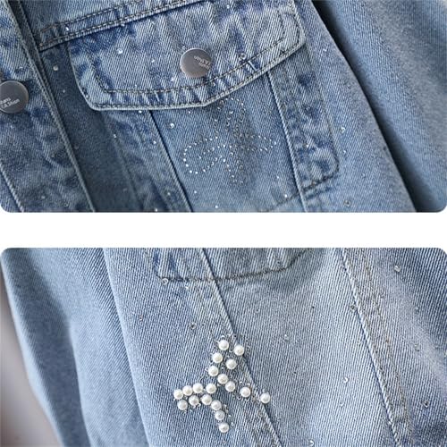Bow Denim Jacket for Girls Long Sleeve Button Up Lapel Collar Pearl Decoration Coat, Y2k Casual Streetwear Outwear4