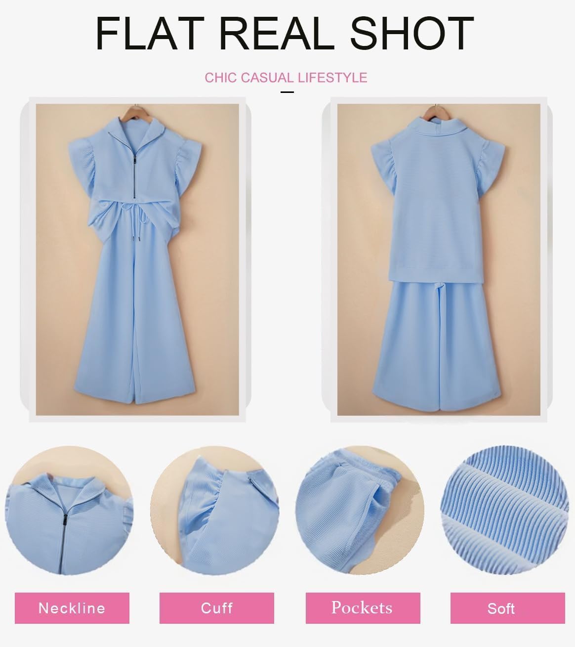 KevaMolly Womens Lounge Sets Textured Ruffled Sleeve Zipped Top and Wide Leg Pants Set Daily Two Piece Sets - Image 6