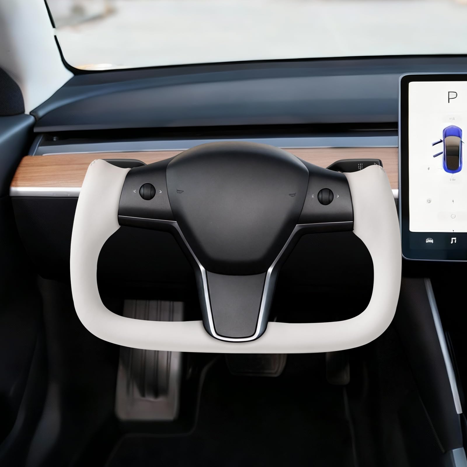 VEVOR Volant Compatible avec Tesla Model 3 (2016-2023), Volant de Direction en Fibre de Carbone, Forme en D, Méplat avec Fonction Chauffante, Poignée en Cuir avec Texture Antidérapante, Blanc