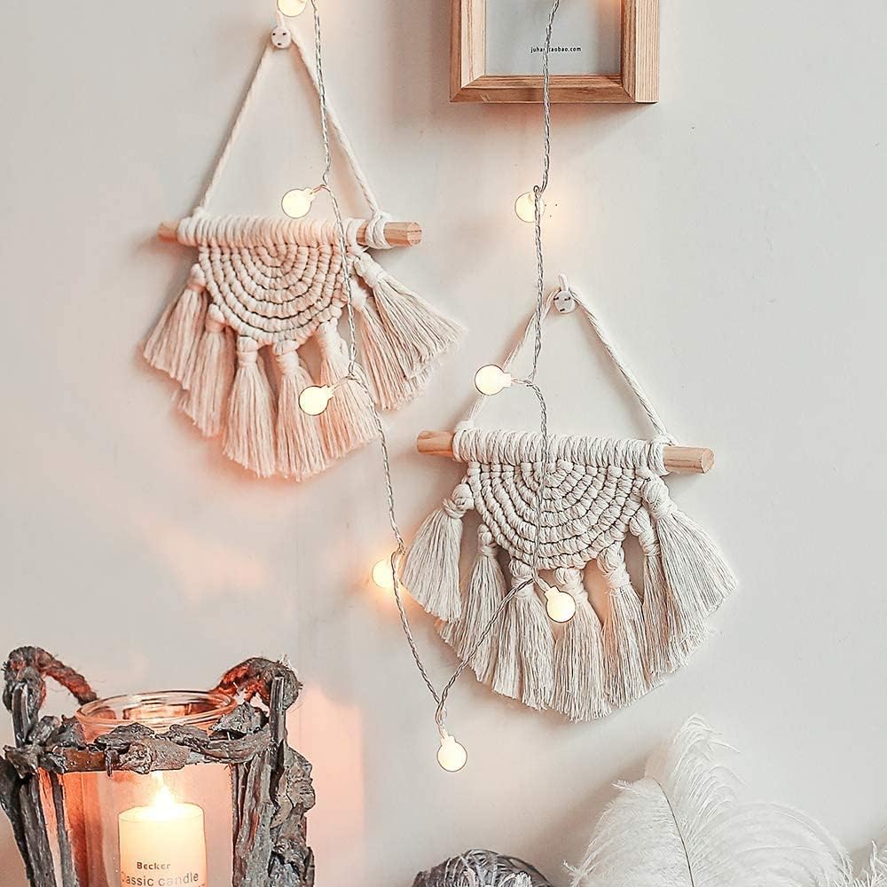 Zazza Home Decor™ - 02 Pcs Macrame Woven Wall Hanging Small Decor Boho Chic Bohemian Home Geometric Art Decor - Beautiful Apartment Dorm Room Decoration,(Size - 20 x 17cm) (Off white - 02, 2)