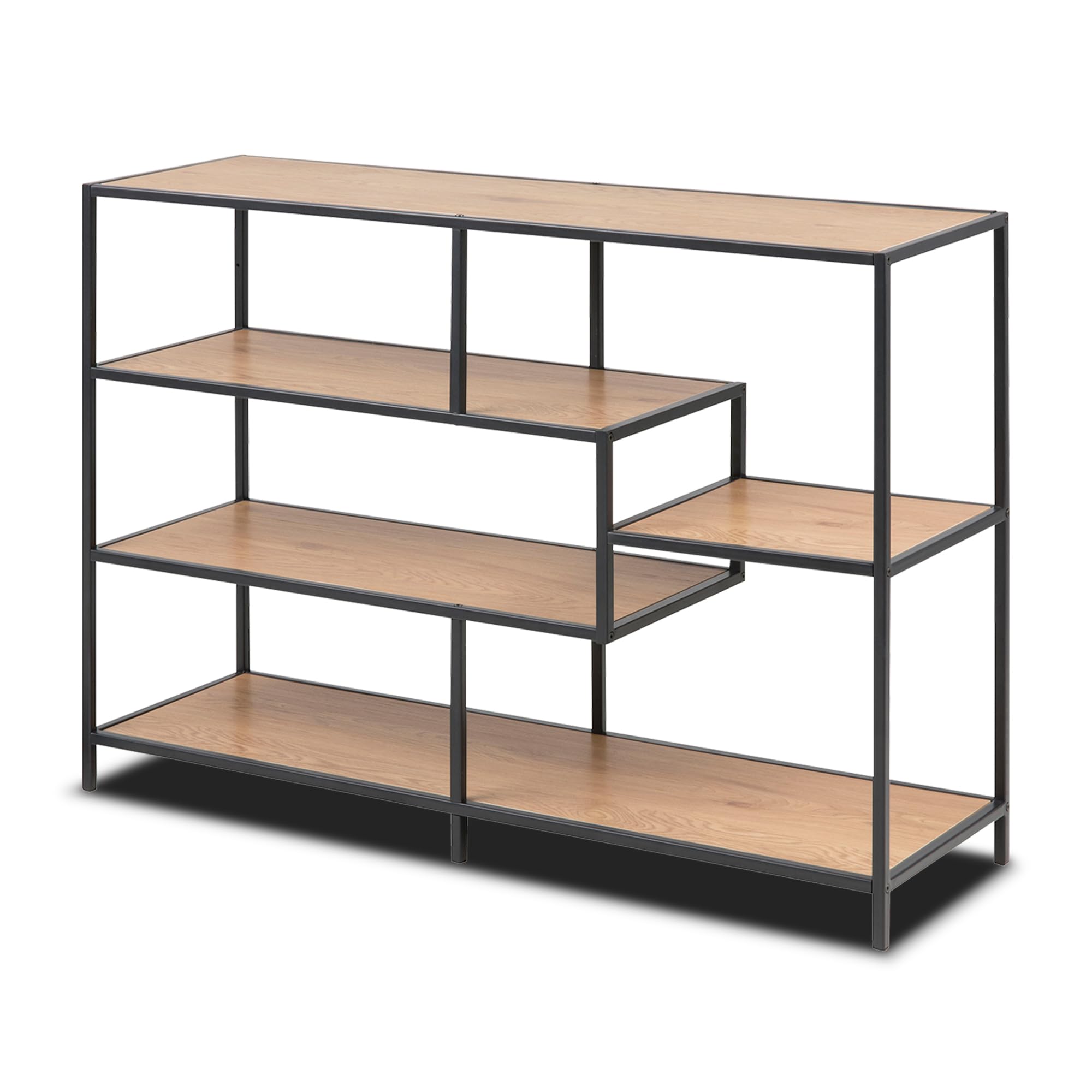 KHG asymmetrisches Regal, modernes Wandregal im Industrial Style, Standregal mit Metallgestell, Größe:114 x 78 x 35 cm, Holzwerkstoff foliert in Wildeiche, Korpus aus Metall pulverbeschichtet