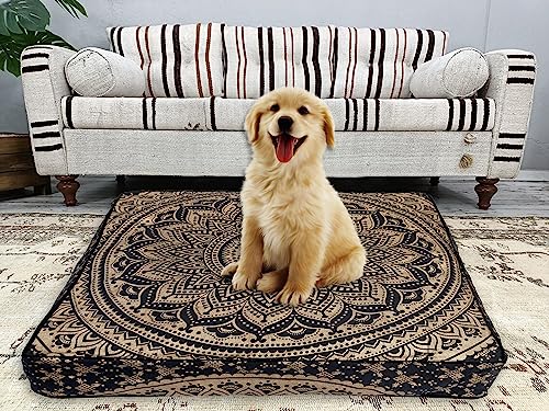 Black Gold Printed Mandala Floor Cushion 35x35 LARGE Pillow Cover