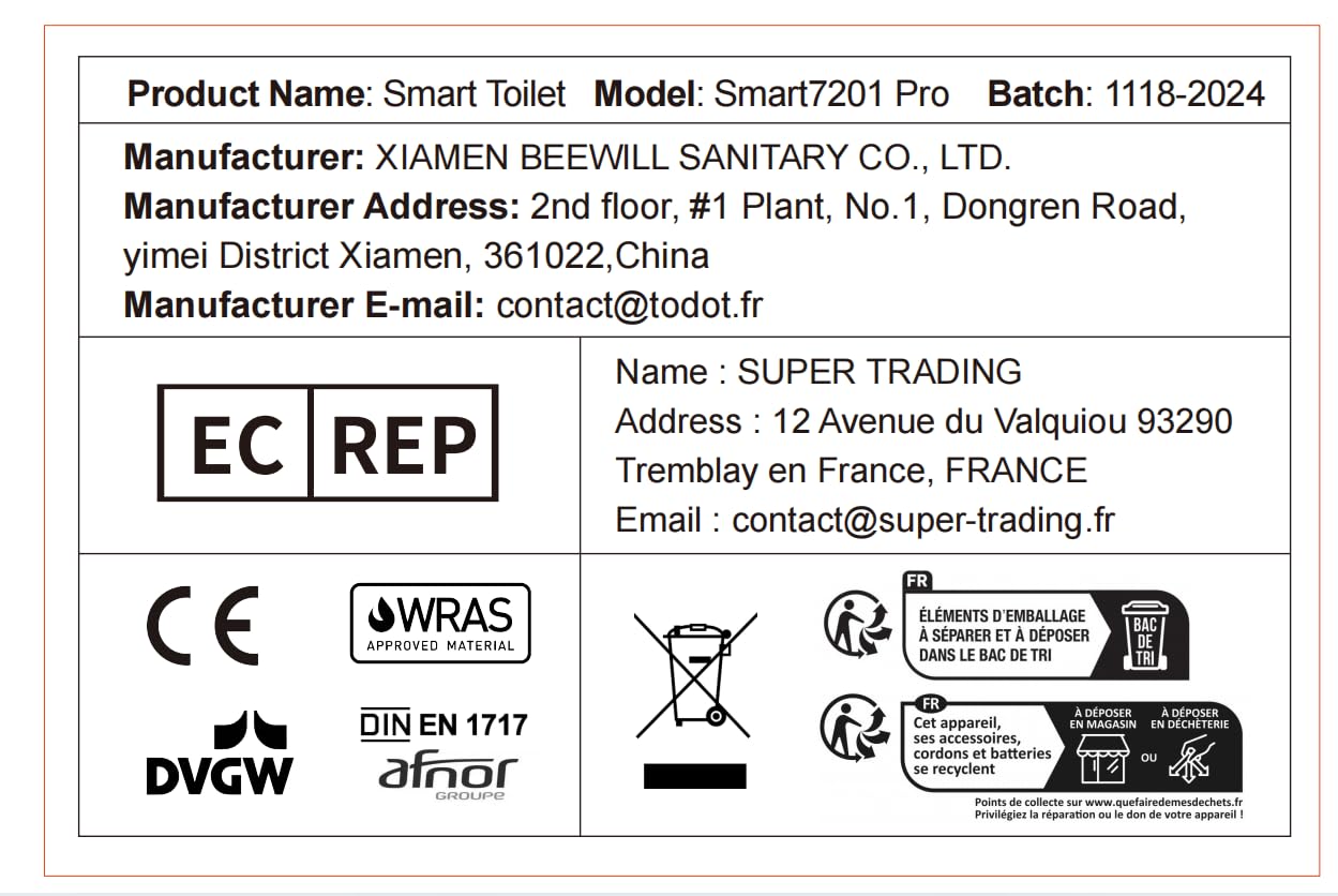 WC Japonais Smart 7201 Pro, Toilette Japonais Suspendu Blanc Avec Télécommande, Position et Température du Jet Réglable, Séchoir Air Chaud 3 Niveaux