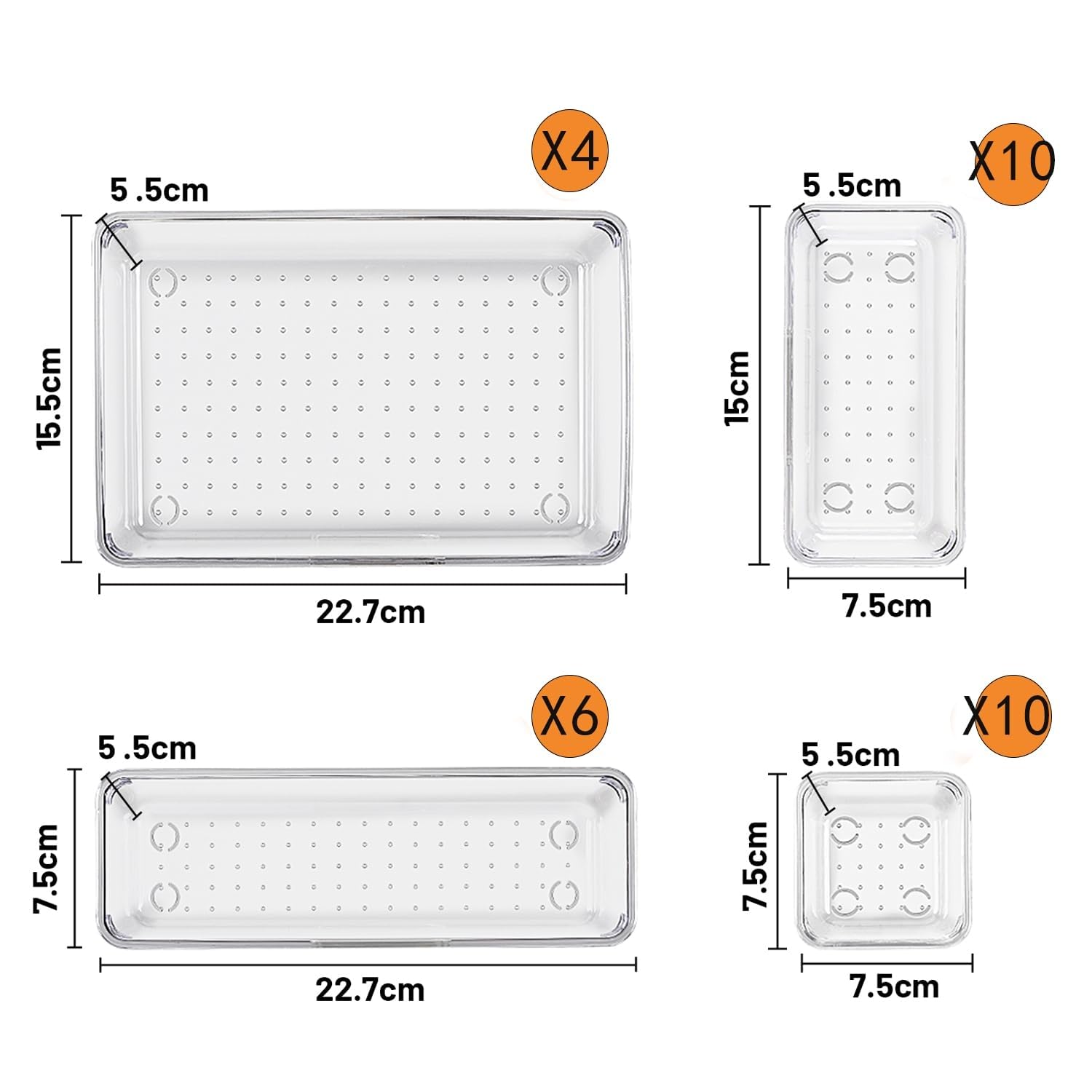 Collazoey 30 Organizer per cassetti trasparente con scatola,4 dimensioni Organizzatore per toeletta, organizer trasparente antiscivolo per trucchi per bagno, cosmetici, toeletta, cucina, ufficio