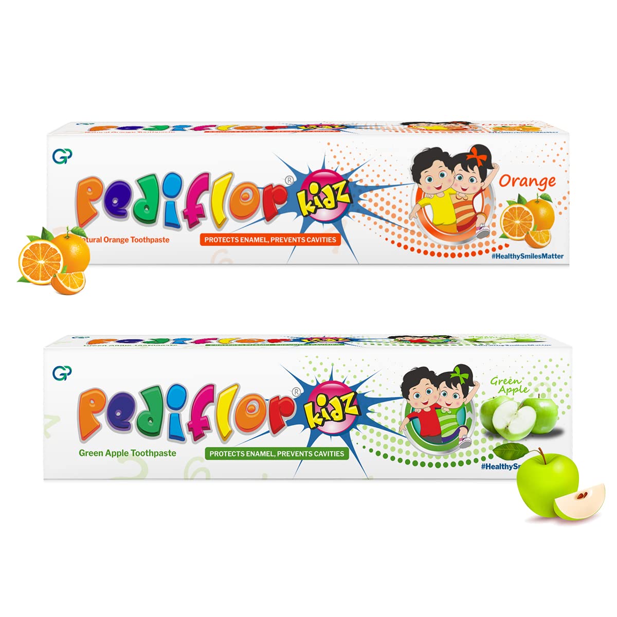 PediflorKidz Anticavity Fluoride Green Apple and Orange Flavor Toothpaste for children | 70g x 2 pack | Family combo pack | Vegan Friendly
