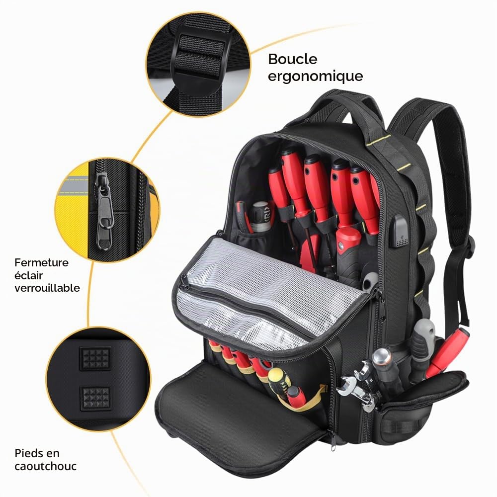 AIRAJ Sac à Dos Outils 46x40x18 cm - Sac à dos pour outils avec 23 Pochettes, Ouverture Totale pour Électriciens et Travaux de Construction (Double étui pour pièces inclus)