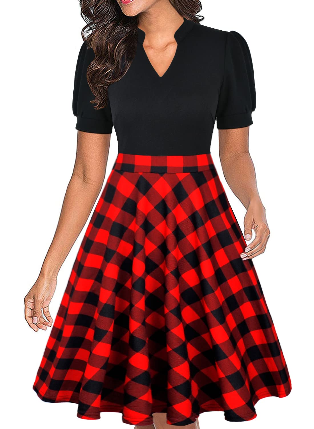 Mokayee Womens Summer Short Puff Sleeve Casual Semi-Formal Fit and Flare Church Wedding Guest Work Dresses with Pockets